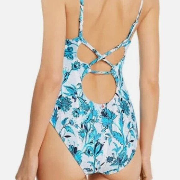 NWT! Red Carter Blule Azulejo Floral V-Wire Crossback One Piece Swimsuit NEW! - Picture 3 of 4